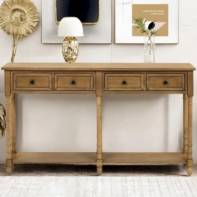 Konsolentisch aus Kiefernholz und MDF mit Sofa-Design, einfache Montage, zwei Aufbewahrungsschubladen und unterem Regal für Wohnzimmer und Eingangsbereich