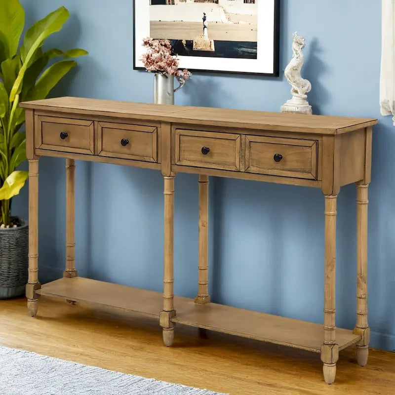 Konsolentisch aus Kiefernholz und MDF mit Sofa-Design, einfache Montage, zwei Aufbewahrungsschubladen und unterem Regal für Wohnzimmer und Eingangsbereich