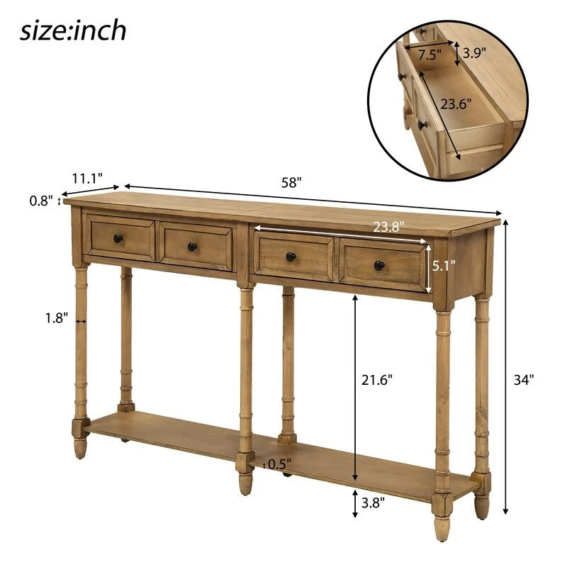 Konsolentisch aus Kiefernholz und MDF mit Sofa-Design, einfache Montage, zwei Aufbewahrungsschubladen und unterem Regal für Wohnzimmer und Eingangsbereich