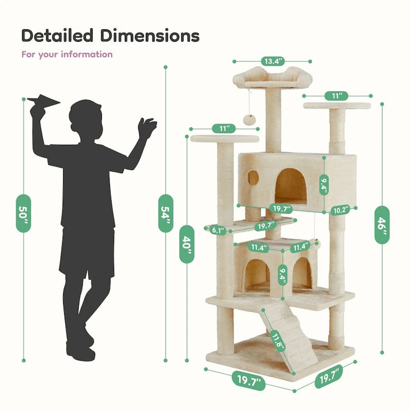 54-Zoll-Kratzbaum, mehrstöckiger hoher Indoor-Katzenturm, Spielzimmer für Haustiere mit großem Bereich