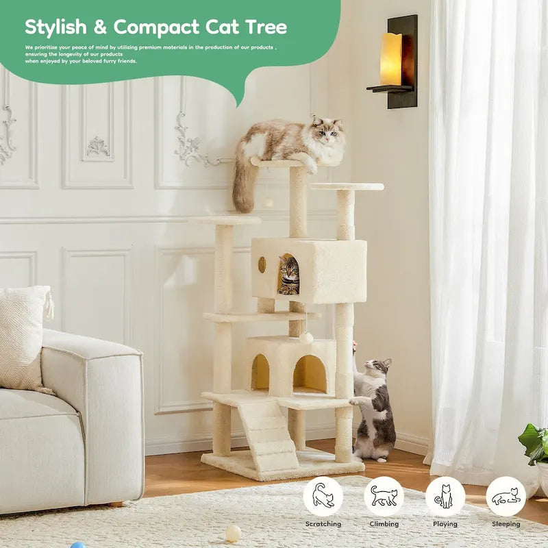 54-Zoll-Kratzbaum, mehrstöckiger hoher Indoor-Katzenturm, Spielzimmer für Haustiere mit großem Bereich